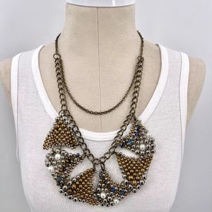 Pam Hiran Anthropologie Mixed Metal Beaded Layered Drop Bib Statement Necklace